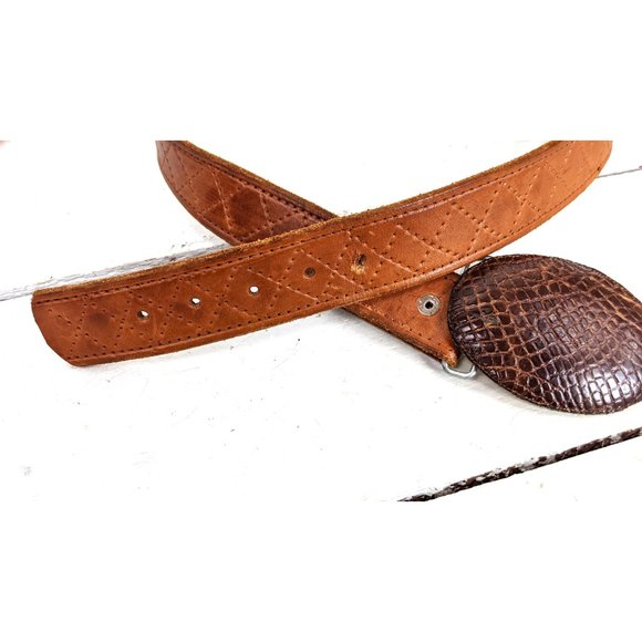 Vintage brown tooled braided leather reptile embossed buckle belt - Picture 5 of 6